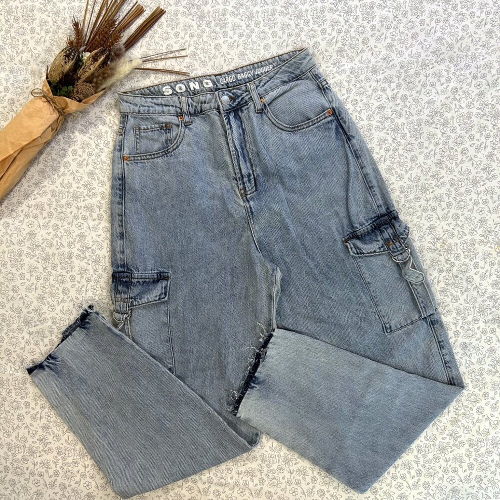 S.O.N.G. 100% Cotton High Waisted Cargo Baggy Jogger Jeans Size 7/28